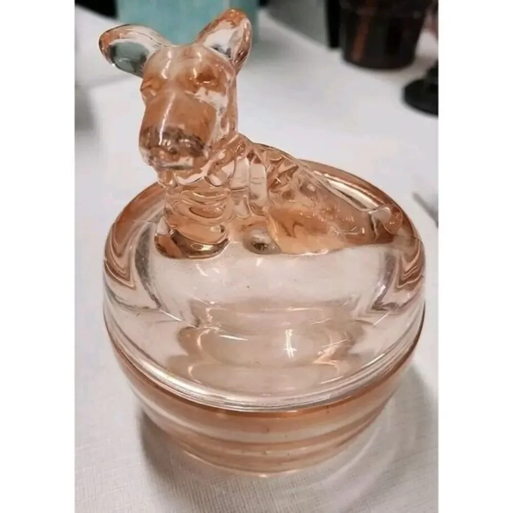 Pink Depression Scottie Dog Glass Powder Jar Vanity Dish Vintage Jeannette B6